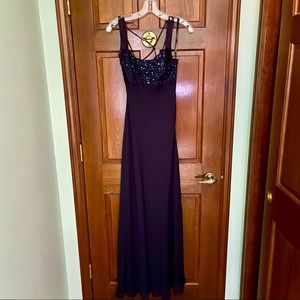 Formal navy blue long dress with sequin top- perfect for weddings, proms, etc.